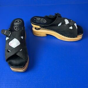 J Rubio Black Soft Leather Funky Wood Heel Mules Clogs Shoes 38